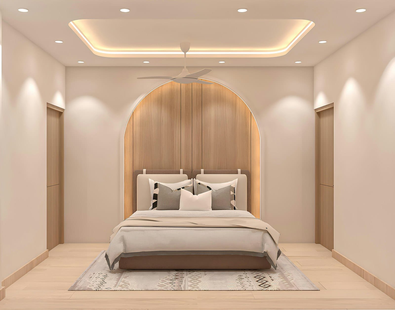 A bedroom where cove lighting, ceiling downlights and a pendant fan are layered into one scene