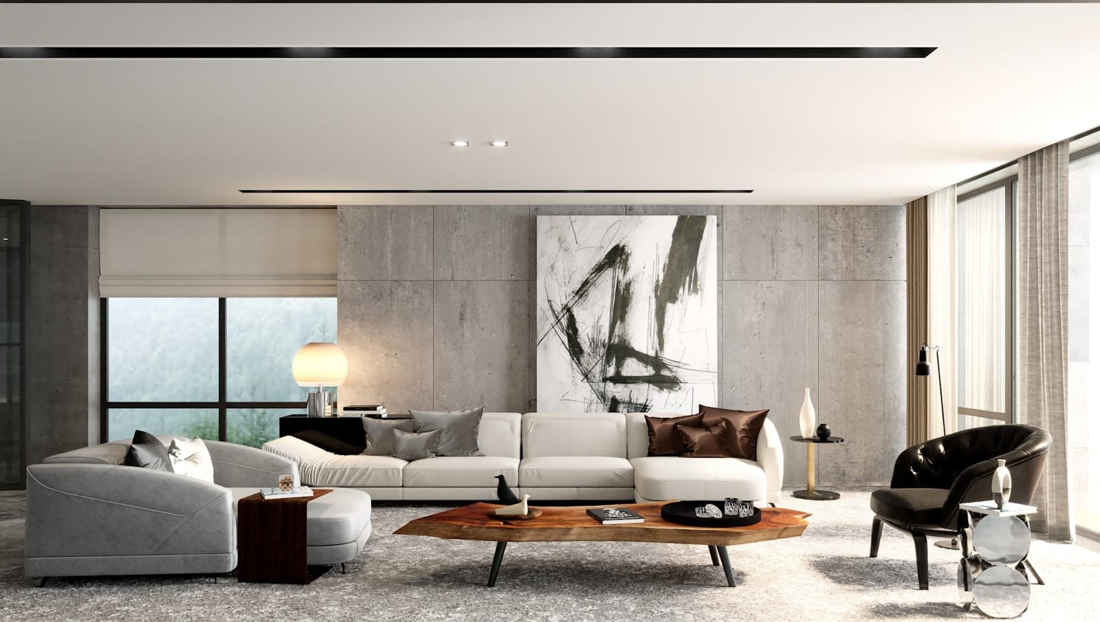 A wide contemporary living room with a board-marked concrete wall, a large abstract canvas, a recessed linear light slot in the ceiling, a half lowered roman blind at the side window and sheer curtains across the glazing
