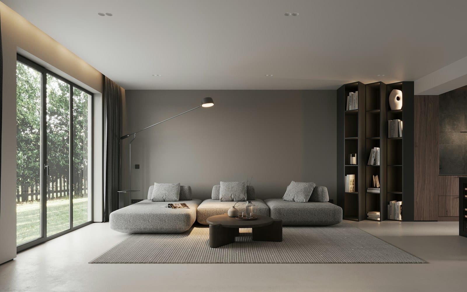 A living room where full-height curtains frame a glazed doorway onto the garden