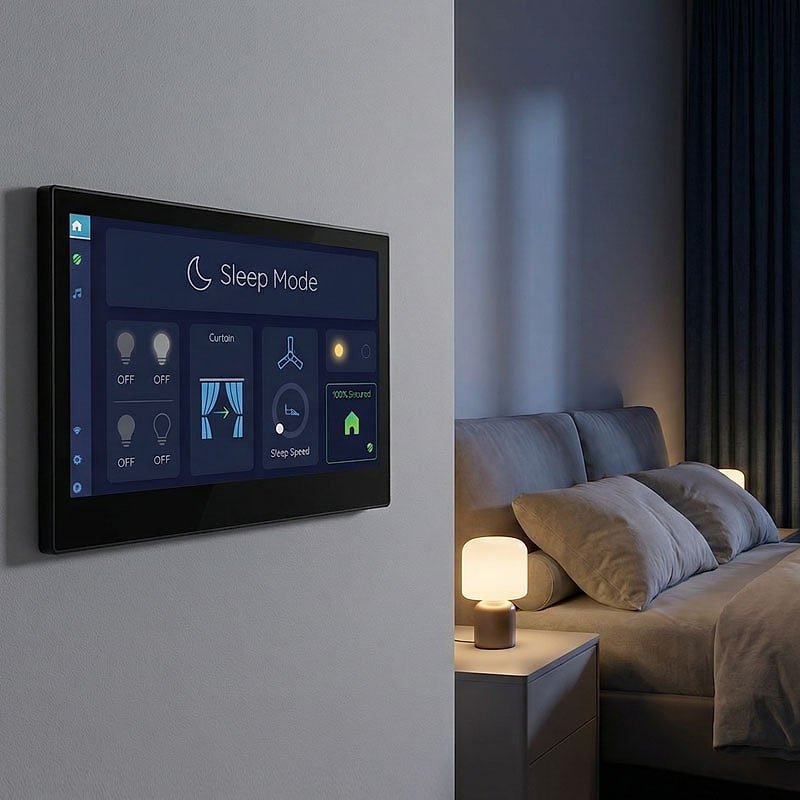 A bedroom at night beside a wall panel set to Sleep Mode, lights off and the villa secured